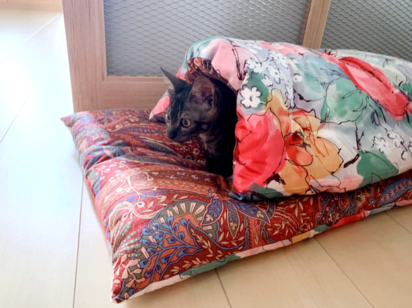 猫 犬 動物 ペット 人形 布団  一点物 ③黄色系 ベッド オーダーメイドOK プレゼント 8枚目の画像