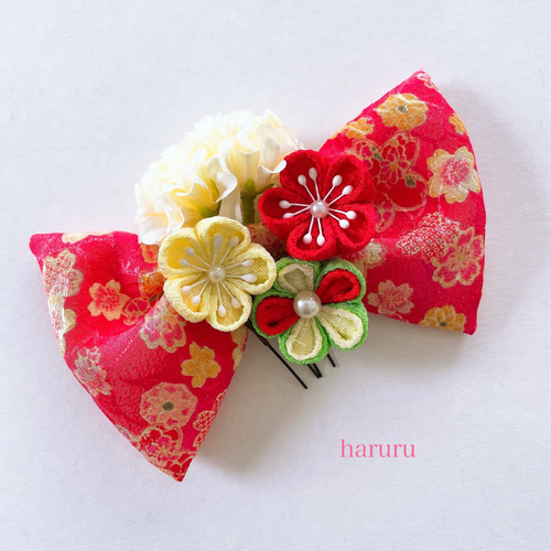 つまみ細工の髪飾り【赤 リボン すいか】成人式 振袖 卒業式 袴 浴衣