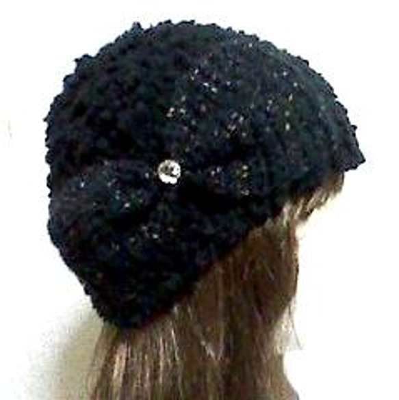 温たかヤーン・モヘアの黒いリボンの帽子（黒）H様オーダー品 1枚目の画像