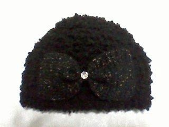 温たかヤーン・モヘアの黒いリボンの帽子（黒）H様オーダー品 2枚目の画像