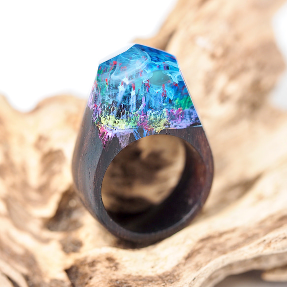 美しい景色を閉じ込めた木の指輪 Crystal wood ring <coral reefs