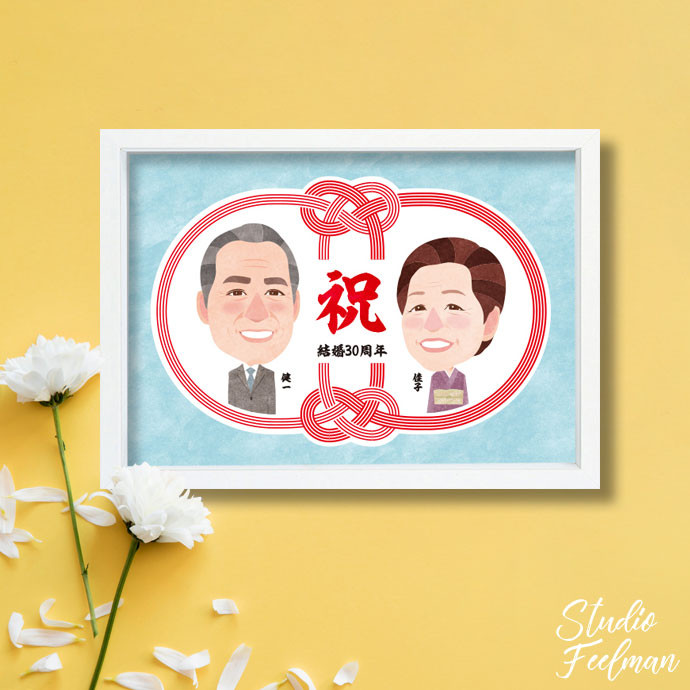 【似顔絵ギフト】結婚記念 水引の円_ブルー（台紙のみ）