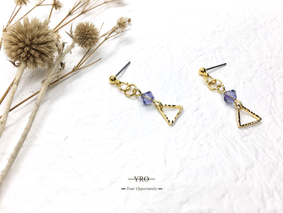 YRO「 抗過敏耳針 」紫寶石幾何三角耳環 第5張的照片