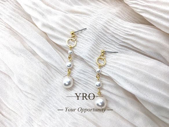 YRO「 抗過敏耳針 」層次水晶珍珠長耳環 第1張的照片