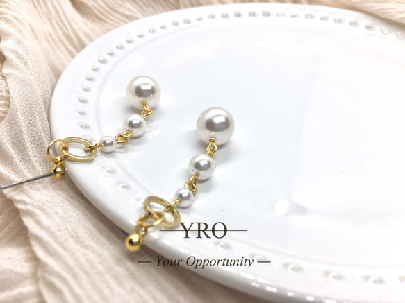 YRO「 抗過敏耳針 」層次水晶珍珠長耳環 第5張的照片