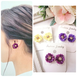 本物のお花×1粒きらきらビジュー♡花びらイヤリング/ピアス♡全3種類 1枚目の画像