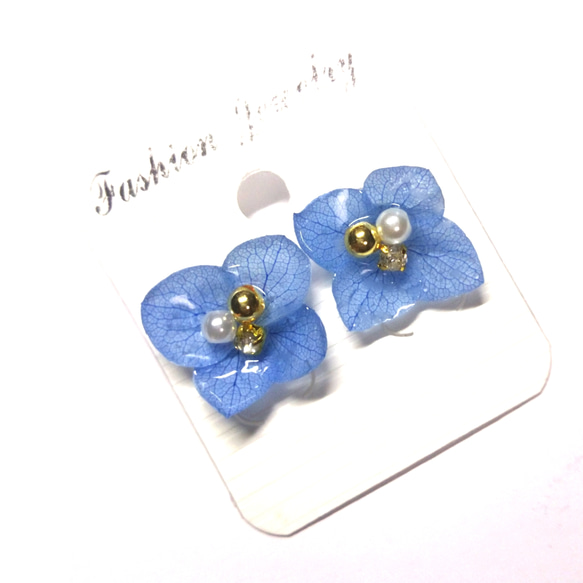 【新色】本物のお花♡紫陽花（あじさい）のフラワーイヤリング／ピアス♡ブルー 青 水色 3枚目の画像
