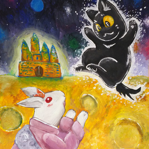オーダー品　自作絵画　猫とうさぎたち　猫とうさぎの絵 オーダーの品 自作絵画 猫とうさぎの肖像画 オーダー品 自作絵画