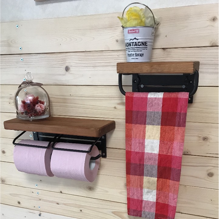 アイアントイレットペーパーホルダー&棚付タオルハンガー セット 檜木