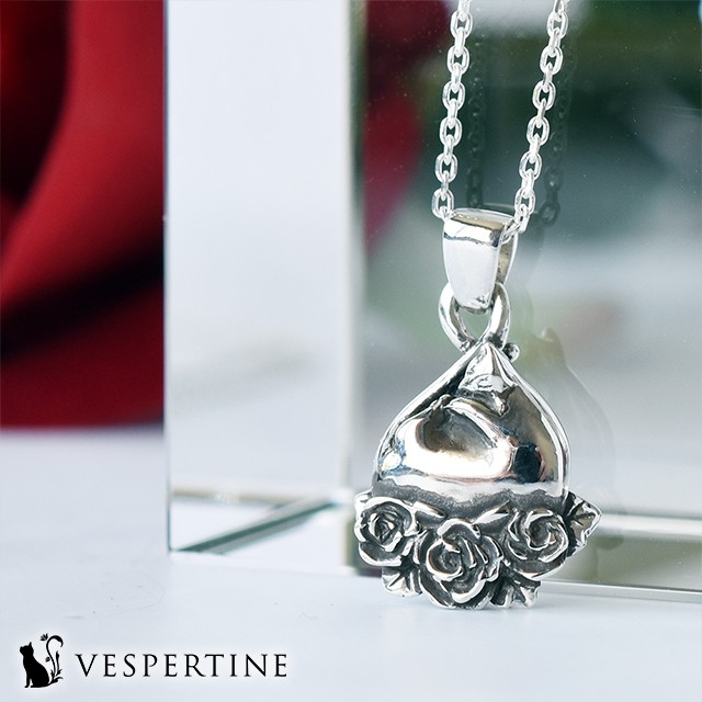 猫ネックレス（薔薇の花）、ペンダント：シルバーアクセサリー：女性、彼女へ誕生日プレゼント、ギフト、猫の日