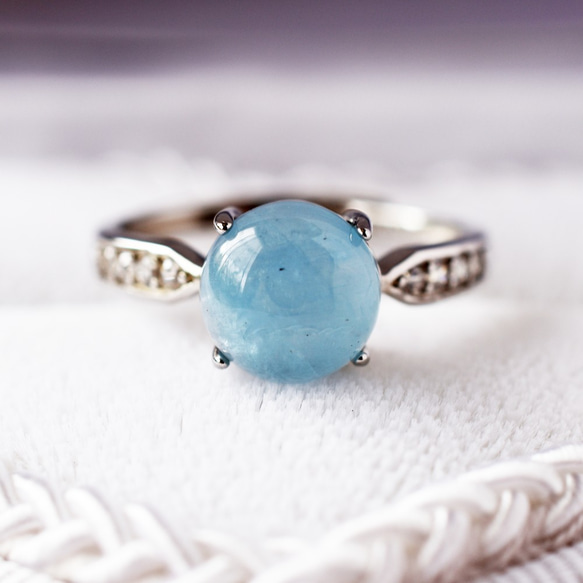 アクアマリン指輪、リング：3月の誕生石：水色、青、海、かわいい：ぷっくり丸い：シルバー：Creema限定【送料無料】 3枚目の画像