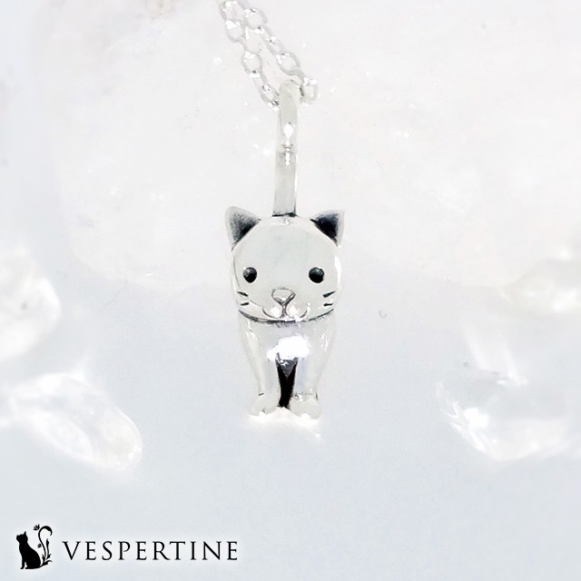 猫：立ち尻尾と耳と笑顔：シンプルな動物モチーフのキラキラな可愛いシルバー925、ネックレス（銀）