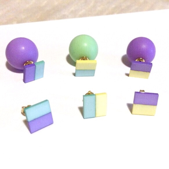 パステルカラーのバックキャッチピアス（green×purple） 2枚目の画像