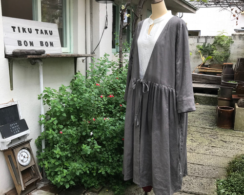 クボサンメイド　リネン　カシュクールワンピース リネンコットンクリンクルカシュクールワンピース【ストライプ