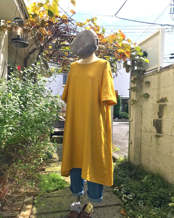 ミモザ色Aラインワンピース ワンピース リネン服 Crea no.8 通販