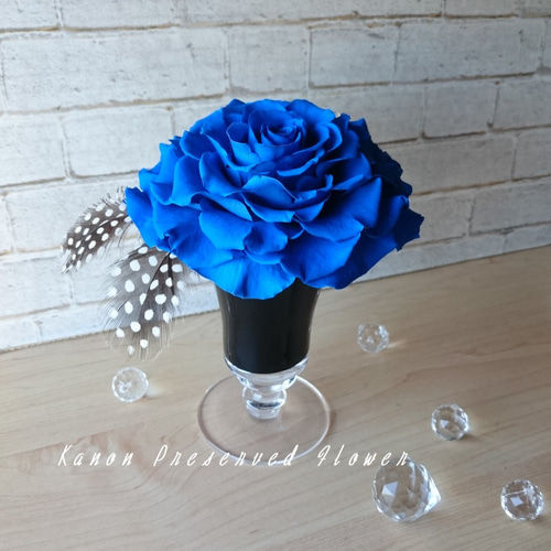 プリザーブドフラワー ガラスドーム ローズメリア 3輪 ブルー 青