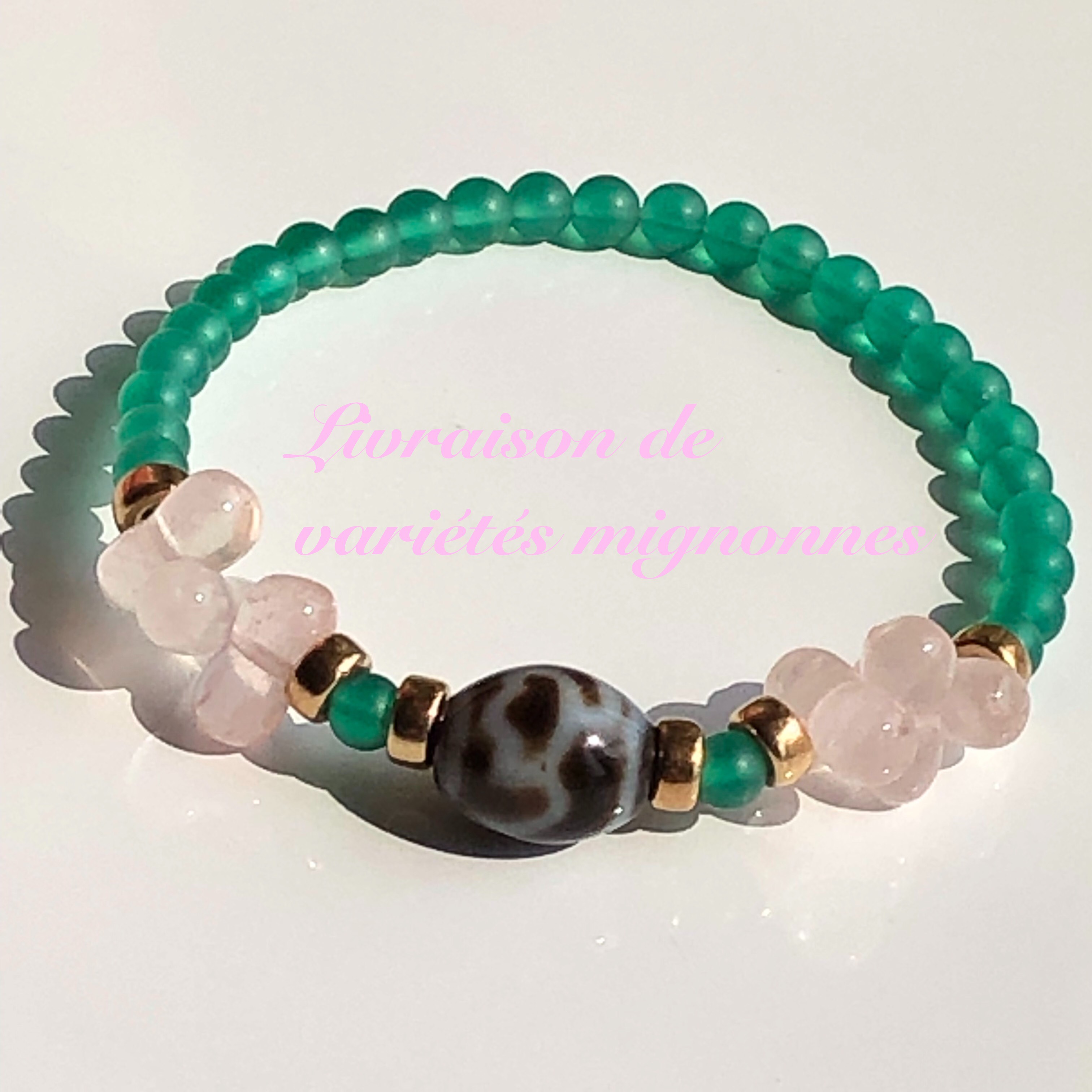 水蓮花天珠&ローズクォーツ&グリーンメノウ☆天珠ブレスレット