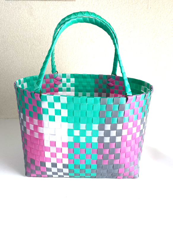【Sana様】ハンドメイド ブルー・グリーン 5模様 カゴバッグ 417a33cf0c059a4a650abe1736df98