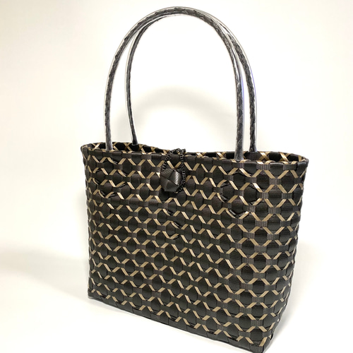 【新品未使用】カゴ風バッグ　焦茶×ブラック 受注制作～プラかごバッグ☆ブラックxホワイトxグレー花柄