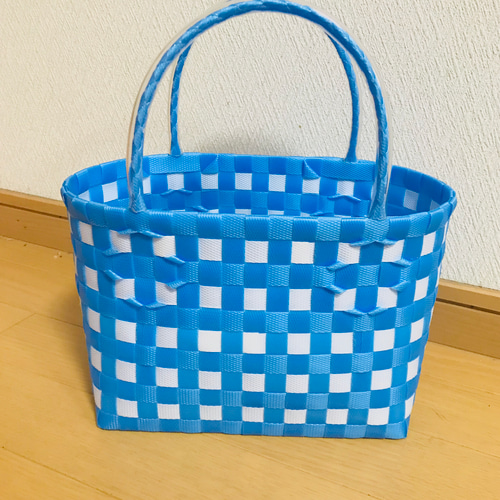 受注制作～プラかごバッグ ミニサイズ☆ギンガムチェック ブルー