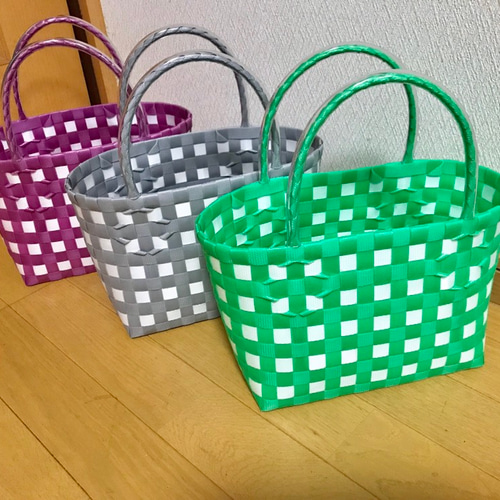 WOVEN チェック柄 かごバッグ パープル系その他 受注制作～プラかごバッグ ☆ミニサイズ ☆ギンガムチェック