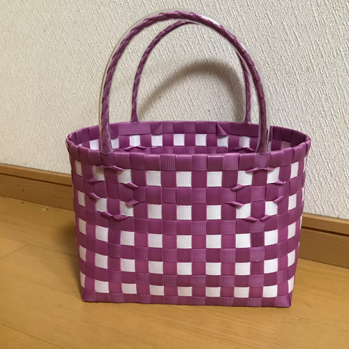 WOVEN チェック柄 かごバッグ パープル系その他 受注制作～プラかごバッグ ☆ミニサイズ ☆ギンガムチェック