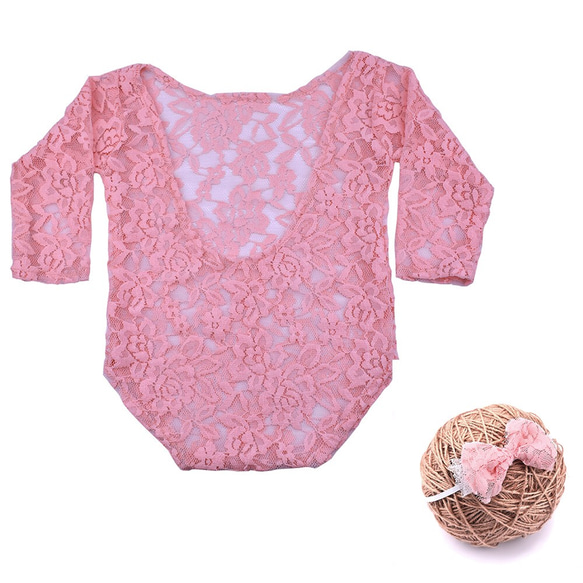 ニューボーンフォト ベビー服　新生児 レース　記念撮影　ヘア飾り付き ピンク　ブルー 2枚目の画像