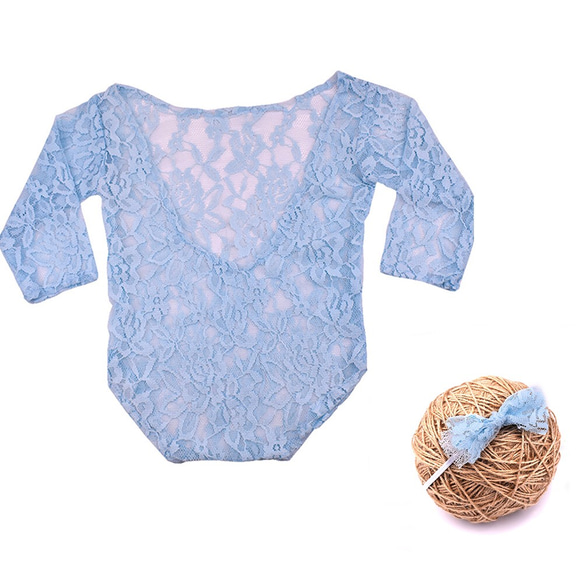 ニューボーンフォト ベビー服　新生児 レース　記念撮影　ヘア飾り付き ピンク　ブルー 3枚目の画像