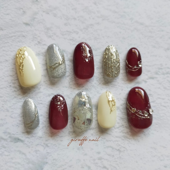 43 ネイルチップ ワインレッド シルバーネイル お呼ばれネイル