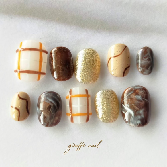 オーダーネイルチップNo.55 カフェラテ風 マーブル ぷっくり