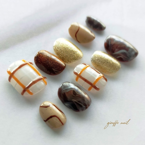 62 ネイルチップ ブラウンネイル チェックネイル ニュアンスネイル