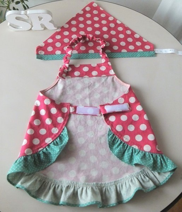 ◎Hi・・さまご予約品～strawberry frill～　ピンクの水玉こども用フリルエプロン&三角巾【120～130】 4枚目の画像