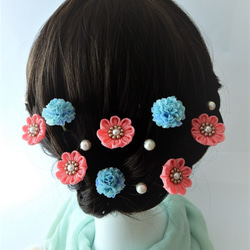 SALE♪丸いお花（ピンク）とコットンパールのUピン髪飾り10本セット＊つまみ細工＊ 3枚目の画像