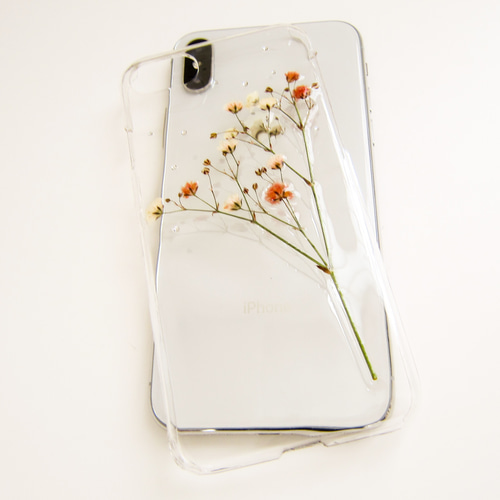 オレンジグラデーションのかすみ草 押し花iPhoneケース