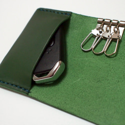 スマートキー対応！　手縫い 革キーケース　緑革碧糸 3枚目の画像