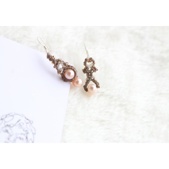 淡水橘色珍珠蠟線編織純銀耳環 第4張的照片