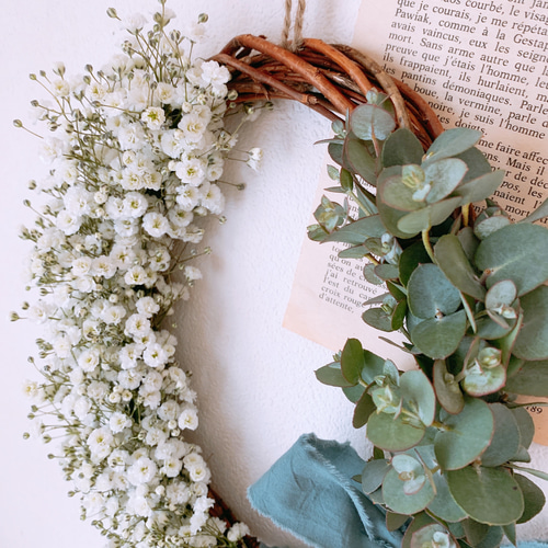 ドライフラワー フレッシュなかすみ草とユーカリたっぷりの楕円リース  