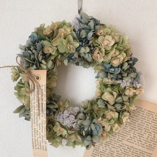 紫陽花のドライフラワーリース七月のインテリア柏葉紫陽花