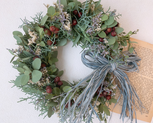 ドライフラワー フレッシュ花材の爽やかリース リース 葉つみ 通販