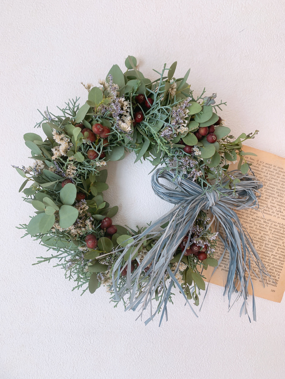 ドライフラワー フレッシュ花材の爽やかリース リース 葉つみ 通販