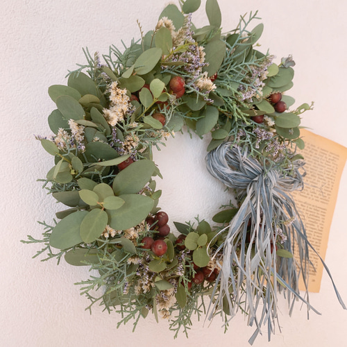ドライフラワー フレッシュ花材の爽やかリース リース 葉つみ 通販