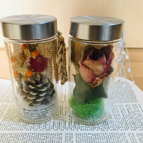 ドライフラワーの瓶詰め 2本セット ハーバリウム・植物標本 葉つみ