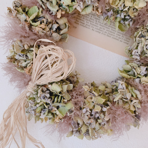 ドライフラワー スモークツリーと秋色紫陽花たっぷりのリース リース  