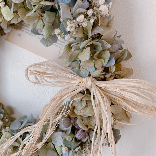 ドライフラワー 秋色紫陽花とかすみ草のリース リース 葉つみ 通販  