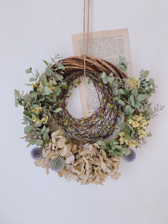 ドライフラワー ユーカリと紫陽花と瑠璃玉アザミのリース リース 葉  