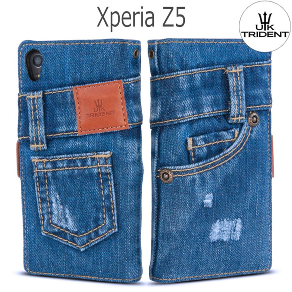 手作り本格デニム Xperia Z5 用 手帳型 デニムスマートフォンケース 1枚目の画像