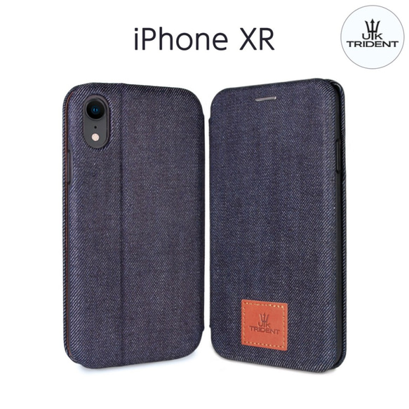 薄型 手作り本格デニム iPhoneXR 兼用 手帳型 デニム スリム アイフォン スマホケース 1枚目の画像