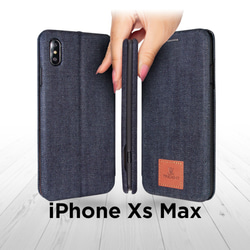 薄型 手作り本格デニム iPhoneXsMax 兼用 手帳型 デニム スリム アイフォン スマホケース 1枚目の画像