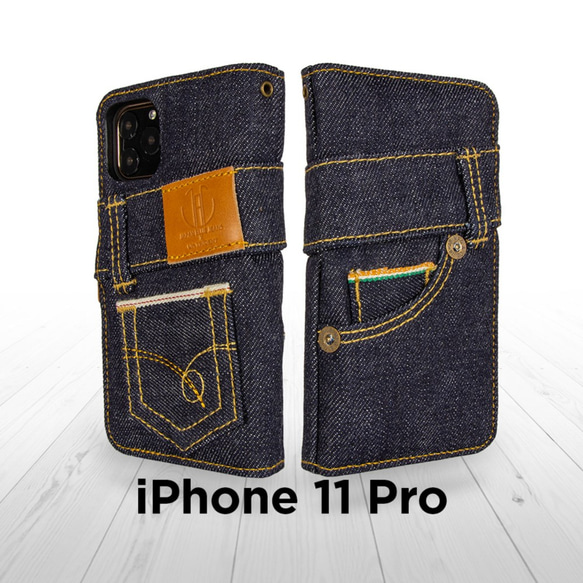 JAPAN BLUE JEANS コラボ iPhone 11 Pro 兼用 手帳型 デニム スマホケース 1枚目の画像