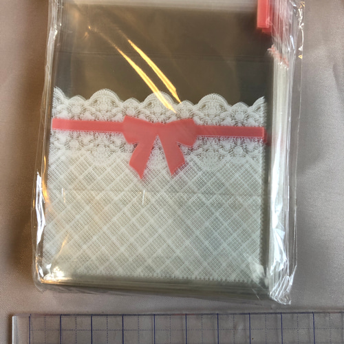 確認用　599円レース柄　ピンクリボン　100枚　ラッピング袋　テープ付　opp atelierhonoka_opp-0009